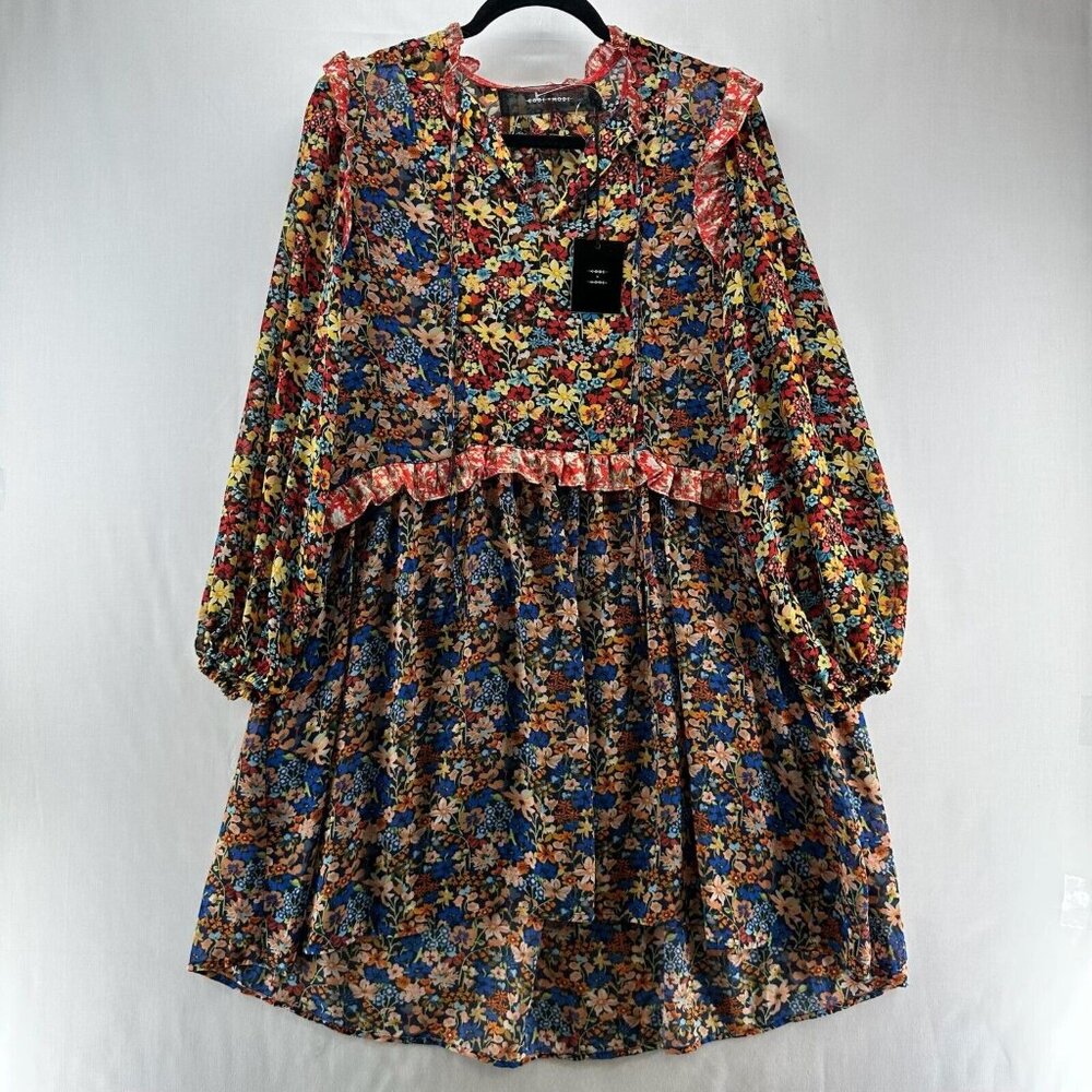 CODE x MODE Dress Size M Chiffon Floral Tunic Ruffled Long Sleeve Multicolor